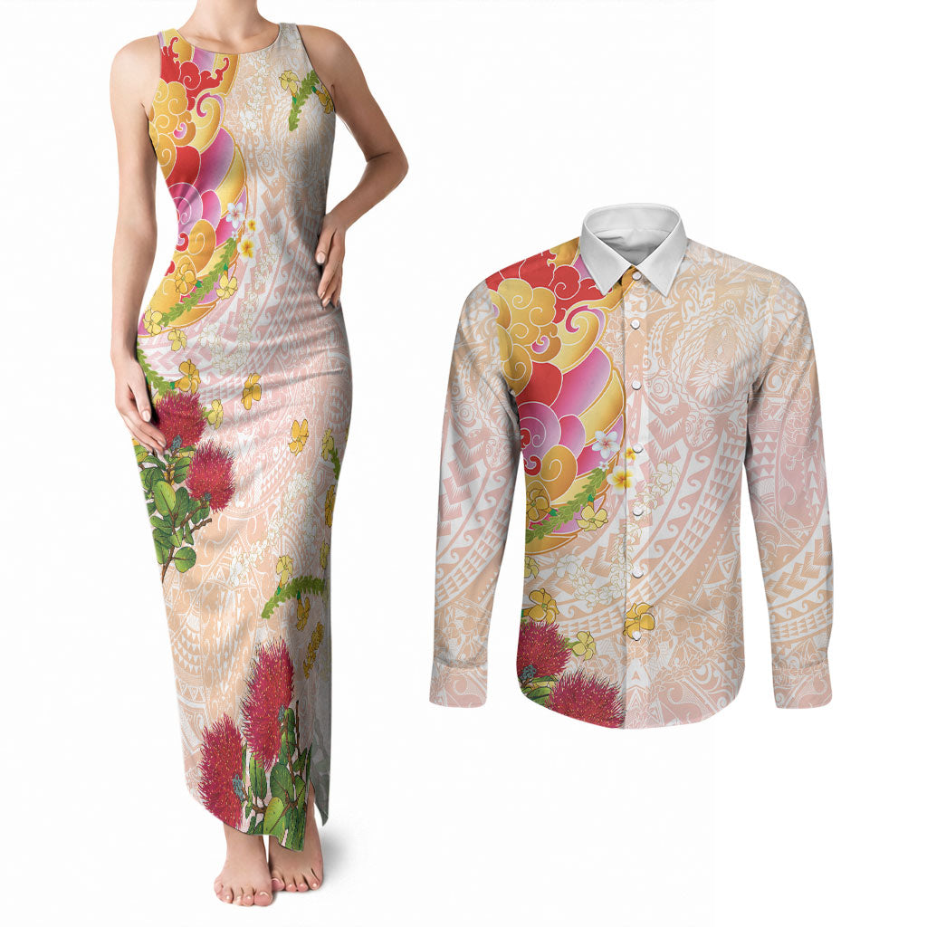 Japanese and Hawaiian Culture Fusion Couples Matching Tank Maxi Dress and Long Sleeve Button Shirt Irezumi with Turtles and Lei Kakau Pattern Sunset Vibe LT03 Multicolor - Polynesian Pride
