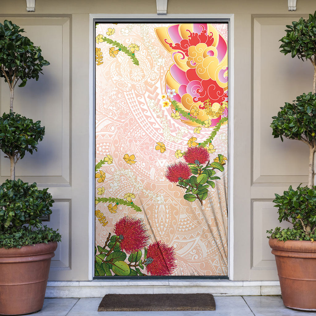 Japanese and Hawaiian Culture Fusion Door Cover Irezumi with Turtles and Lei Kakau Pattern Sunset Vibe LT03 Multicolor - Polynesian Pride