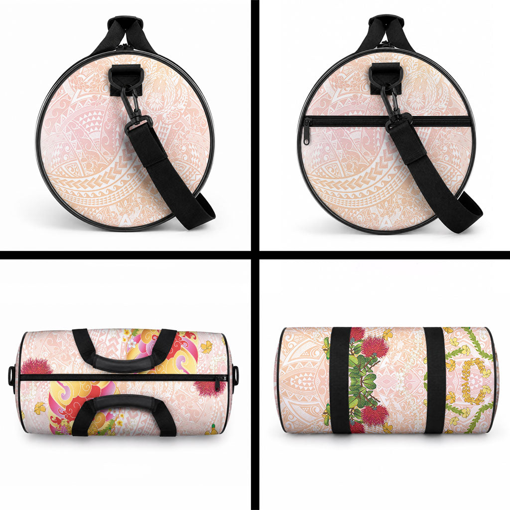 Japanese and Hawaiian Culture Fusion Duffle Bag Irezumi with Turtles and Lei Kakau Pattern Sunset Vibe
