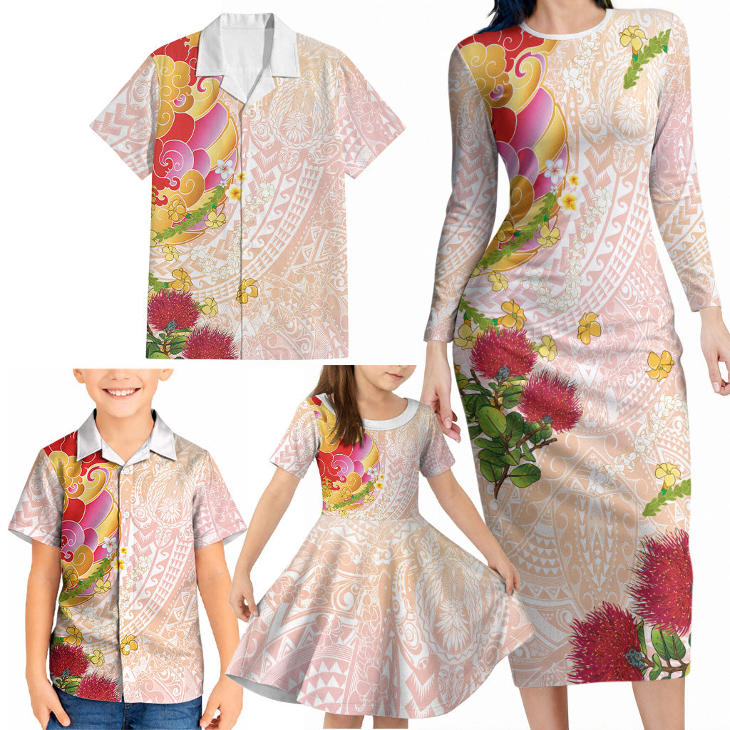 Japanese and Hawaiian Culture Fusion Family Matching Long Sleeve Bodycon Dress and Hawaiian Shirt Irezumi with Turtles and Lei Kakau Pattern Sunset Vibe LT03 - Polynesian Pride