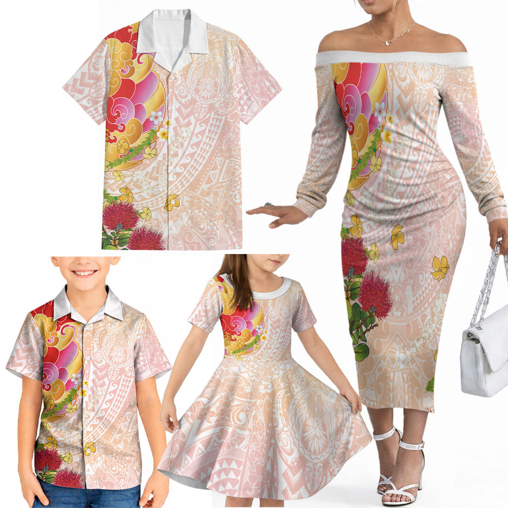 Japanese and Hawaiian Culture Fusion Family Matching Off The Shoulder Long Sleeve Dress and Hawaiian Shirt Irezumi with Turtles and Lei Kakau Pattern Sunset Vibe LT03 - Polynesian Pride