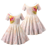 Japanese and Hawaiian Culture Fusion Family Matching Off The Shoulder Long Sleeve Dress and Hawaiian Shirt Irezumi with Turtles and Lei Kakau Pattern Sunset Vibe LT03 Daughter's Dress Multicolor - Polynesian Pride