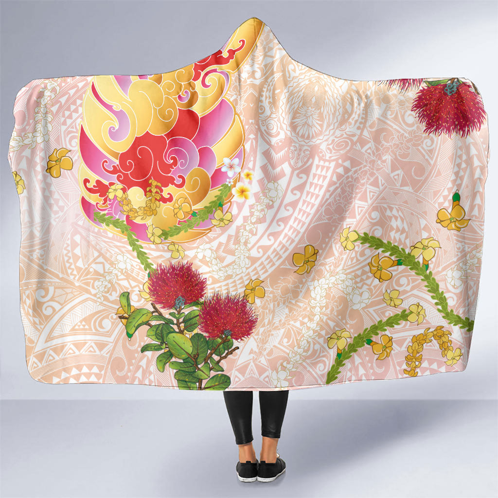 Japanese and Hawaiian Culture Fusion Hooded Blanket Irezumi with Turtles and Lei Kakau Pattern Sunset Vibe LT03 One Size Multicolor - Polynesian Pride