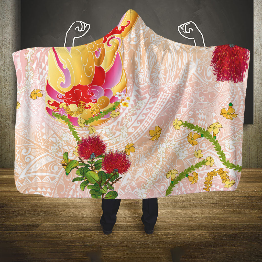 Japanese and Hawaiian Culture Fusion Hooded Blanket Irezumi with Turtles and Lei Kakau Pattern Sunset Vibe LT03 - Polynesian Pride