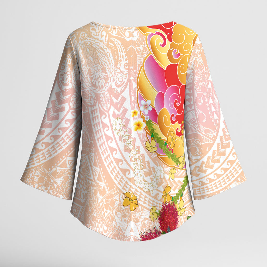 Japanese and Hawaiian Culture Fusion Kimono Sleeve Blouse Irezumi with Turtles and Lei Kakau Pattern Sunset Vibe LT03 - Polynesian Pride