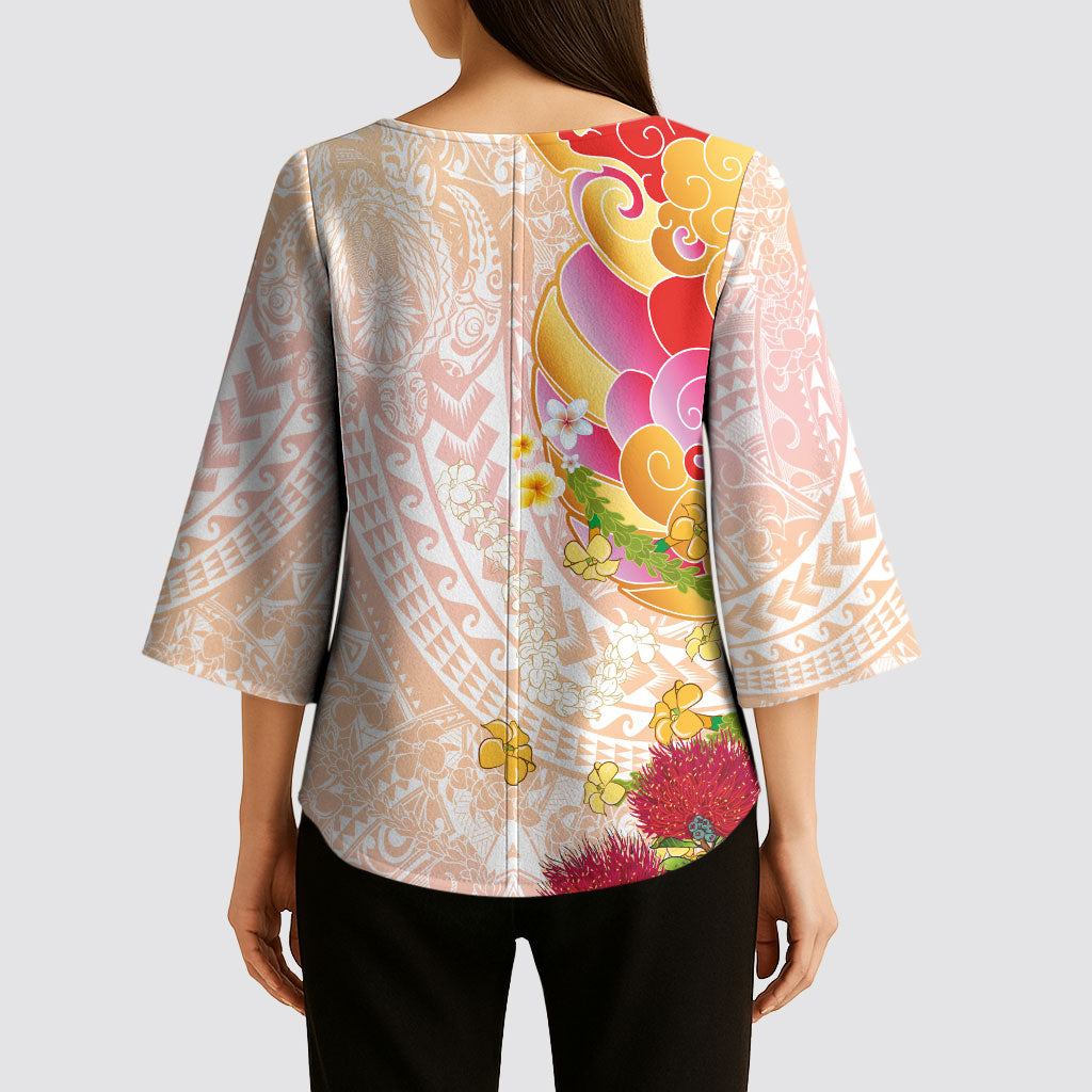 Japanese and Hawaiian Culture Fusion Kimono Sleeve Blouse Irezumi with Turtles and Lei Kakau Pattern Sunset Vibe LT03 - Polynesian Pride