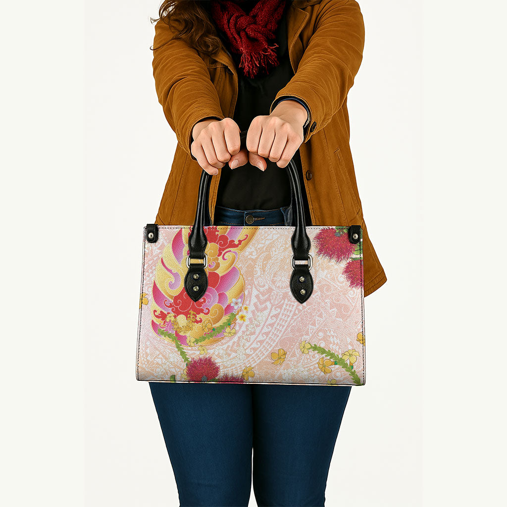 Japanese and Hawaiian Culture Fusion Leather Bag Irezumi with Turtles and Lei Kakau Pattern Sunset Vibe LT03 - Polynesian Pride