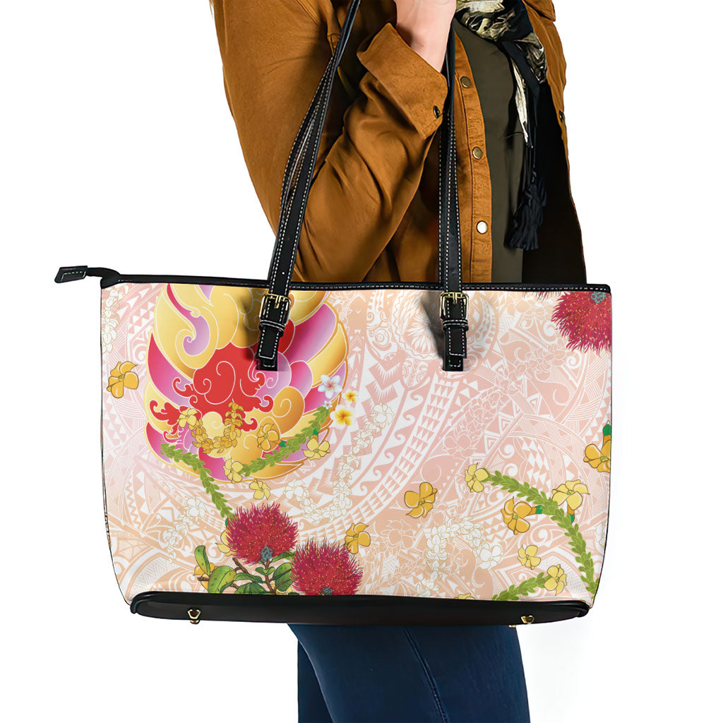 Japanese and Hawaiian Culture Fusion Leather Tote Bag Irezumi with Turtles and Lei Kakau Pattern Sunset Vibe LT03 - Polynesian Pride