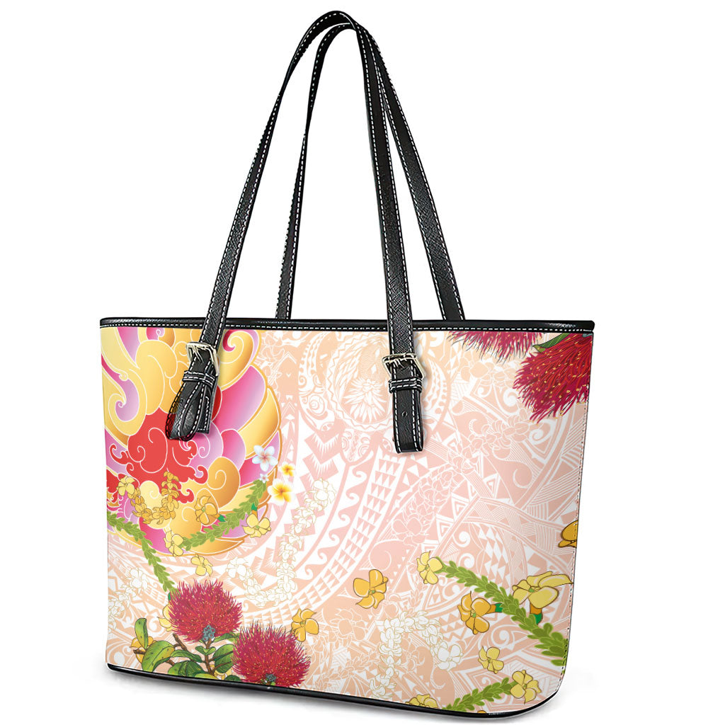 Japanese and Hawaiian Culture Fusion Leather Tote Bag Irezumi with Turtles and Lei Kakau Pattern Sunset Vibe LT03 - Polynesian Pride