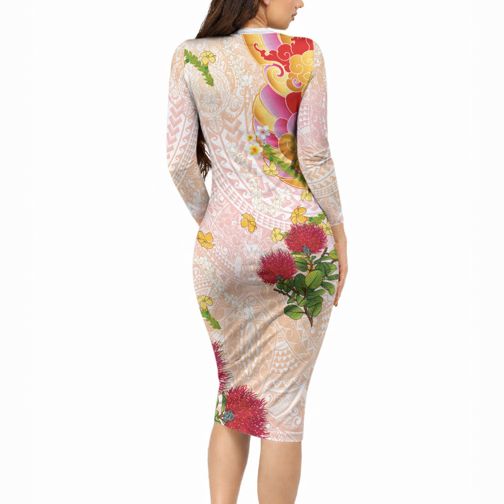 Japanese and Hawaiian Culture Fusion Long Sleeve Bodycon Dress Irezumi with Turtles and Lei Kakau Pattern Sunset Vibe LT03 - Polynesian Pride