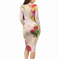 Japanese and Hawaiian Culture Fusion Long Sleeve Bodycon Dress Irezumi with Turtles and Lei Kakau Pattern Sunset Vibe LT03 - Polynesian Pride