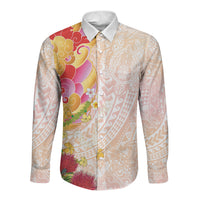 Japanese and Hawaiian Culture Fusion Long Sleeve Button Shirt Irezumi with Turtles and Lei Kakau Pattern Sunset Vibe LT03 Unisex Multicolor - Polynesian Pride