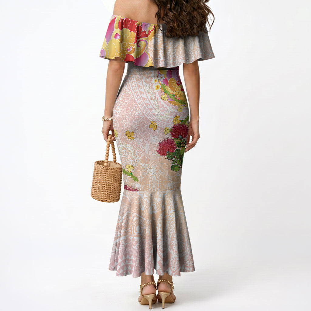 Japanese and Hawaiian Culture Fusion Mermaid Dress Irezumi with Turtles and Lei Kakau Pattern Sunset Vibe LT03 - Polynesian Pride
