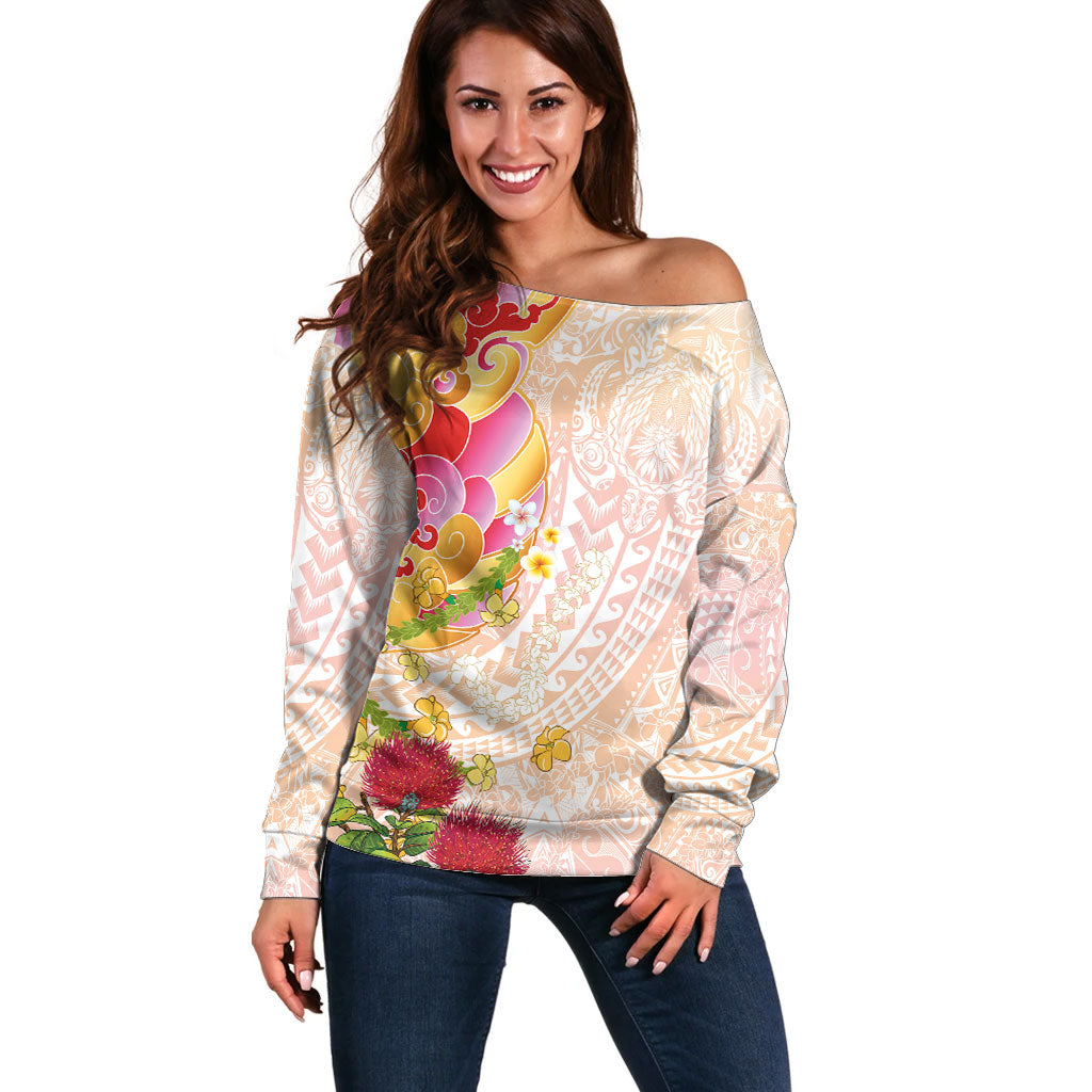Japanese and Hawaiian Culture Fusion Off Shoulder Sweater Irezumi with Turtles and Lei Kakau Pattern Sunset Vibe LT03 Women Multicolor - Polynesian Pride