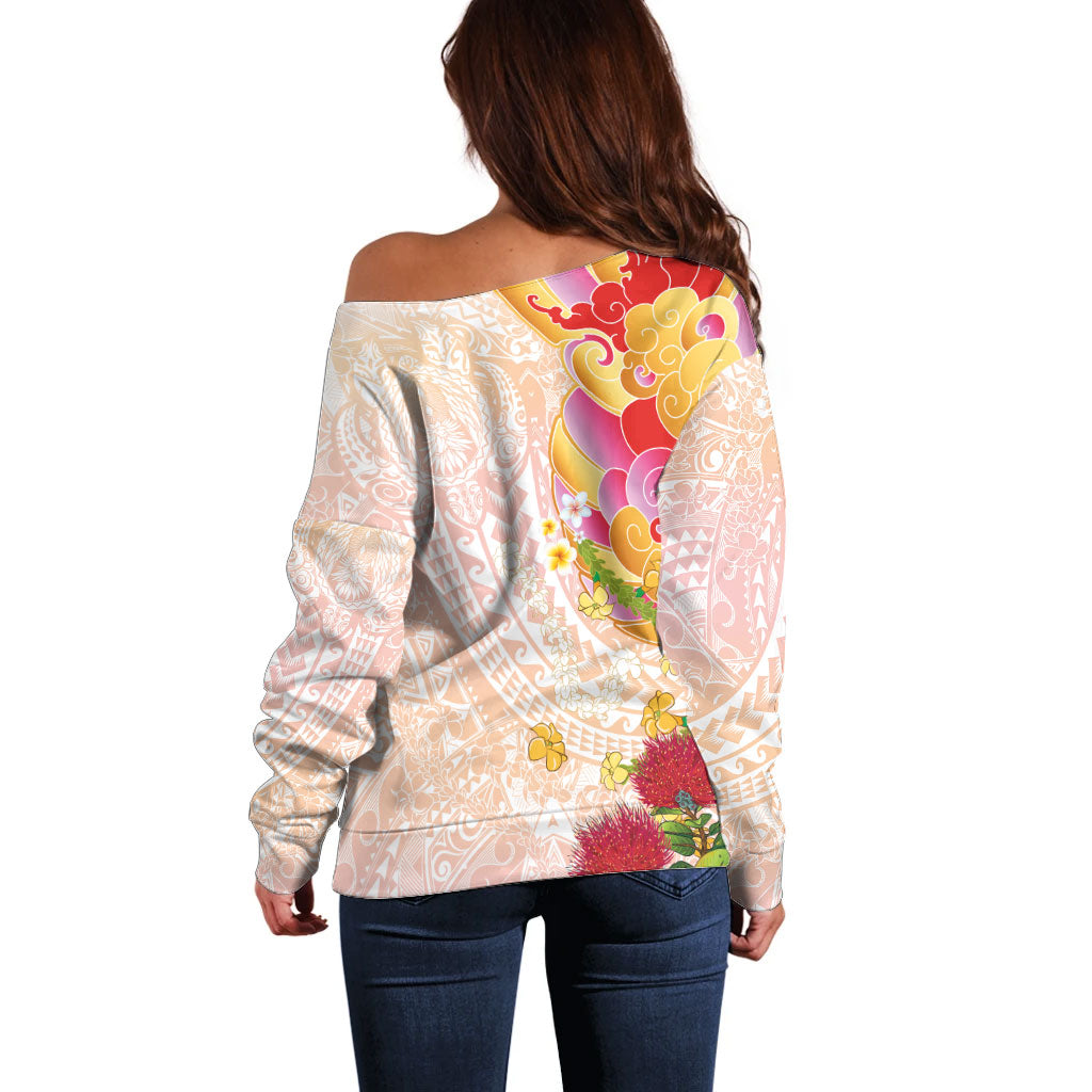 Japanese and Hawaiian Culture Fusion Off Shoulder Sweater Irezumi with Turtles and Lei Kakau Pattern Sunset Vibe LT03 - Polynesian Pride