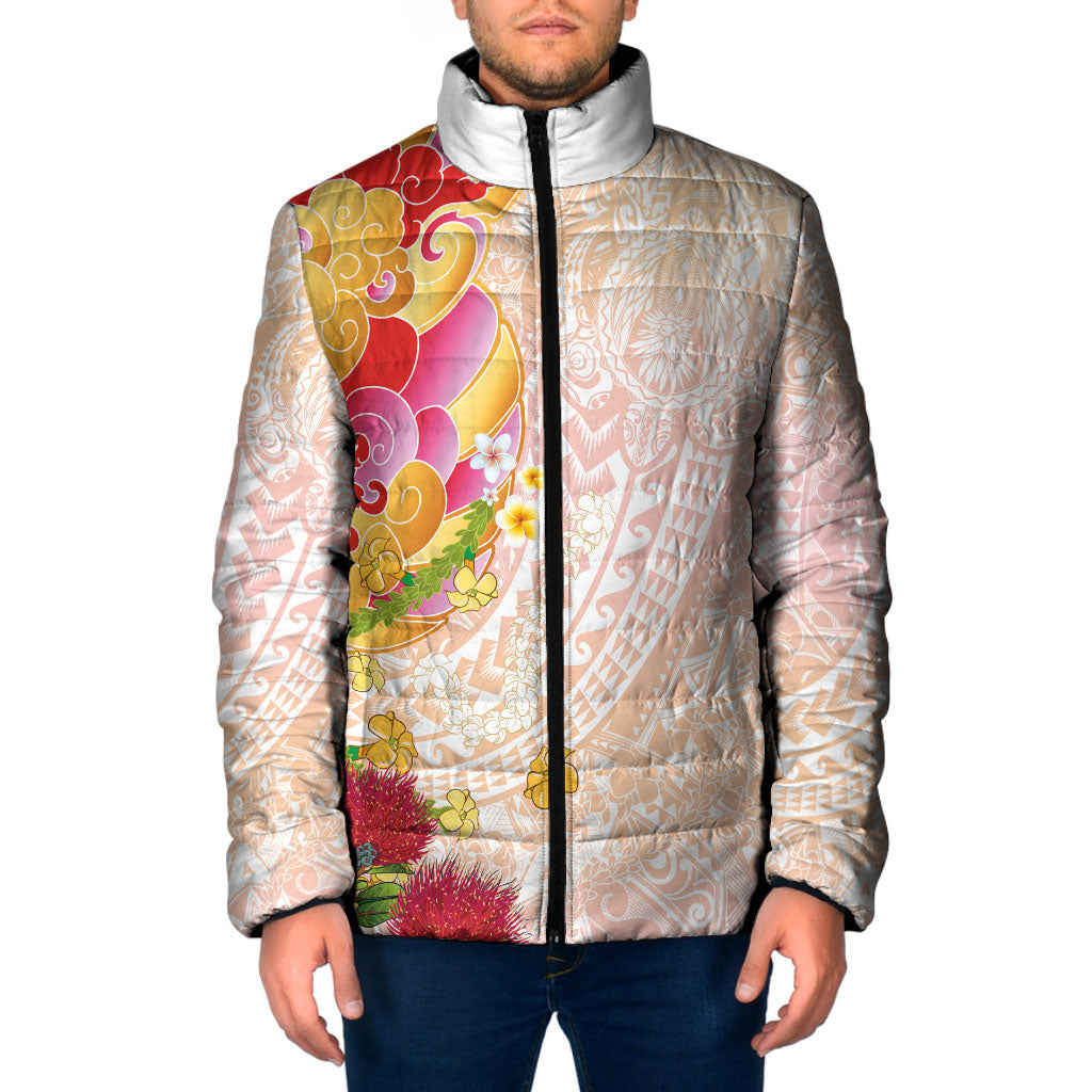 Japanese and Hawaiian Culture Fusion Padded Jacket Irezumi with Turtles and Lei Kakau Pattern Sunset Vibe LT03 Men Multicolor - Polynesian Pride