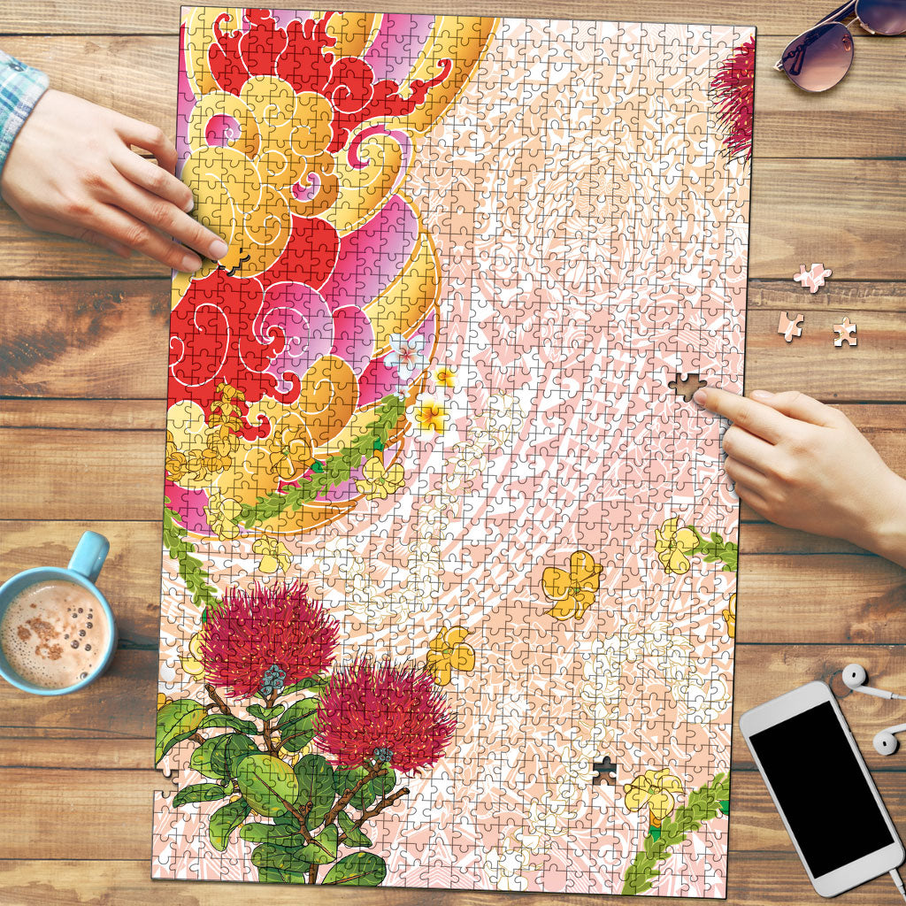 Japanese and Hawaiian Culture Fusion Puzzle Irezumi with Turtles and Lei Kakau Pattern Sunset Vibe LT03 Multicolor - Polynesian Pride
