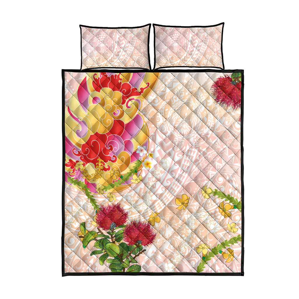 Japanese and Hawaiian Culture Fusion Quilt Bed Set Irezumi with Turtles and Lei Kakau Pattern Sunset Vibe LT03 - Polynesian Pride