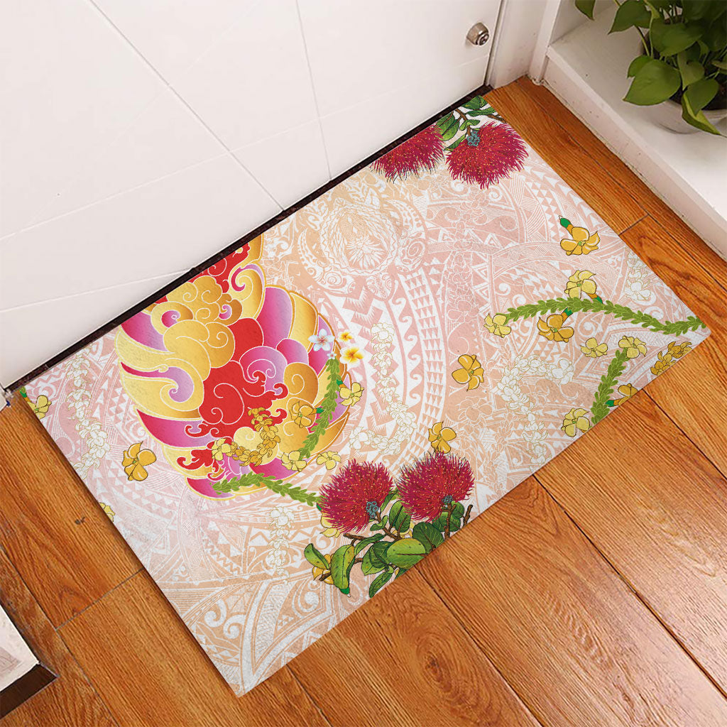 Japanese and Hawaiian Culture Fusion Rubber Doormat Irezumi with Turtles and Lei Kakau Pattern Sunset Vibe LT03 - Polynesian Pride