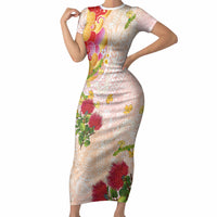 Japanese and Hawaiian Culture Fusion Short Sleeve Bodycon Dress Irezumi with Turtles and Lei Kakau Pattern Sunset Vibe LT03 Long Dress Multicolor - Polynesian Pride