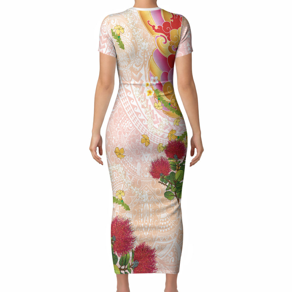 Japanese and Hawaiian Culture Fusion Short Sleeve Bodycon Dress Irezumi with Turtles and Lei Kakau Pattern Sunset Vibe LT03 - Polynesian Pride