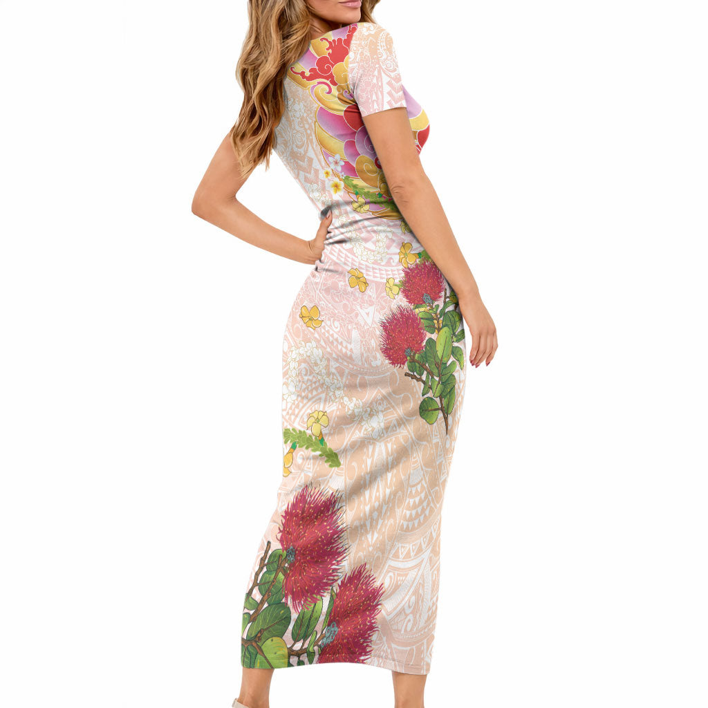 Japanese and Hawaiian Culture Fusion Short Sleeve Bodycon Dress Irezumi with Turtles and Lei Kakau Pattern Sunset Vibe LT03 - Polynesian Pride