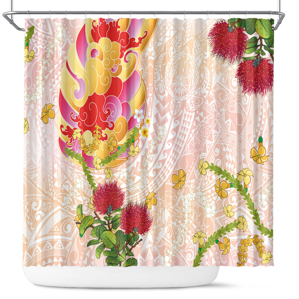 Japanese and Hawaiian Culture Fusion Shower Curtain Irezumi with Turtles and Lei Kakau Pattern Sunset Vibe LT03 Multicolor - Polynesian Pride