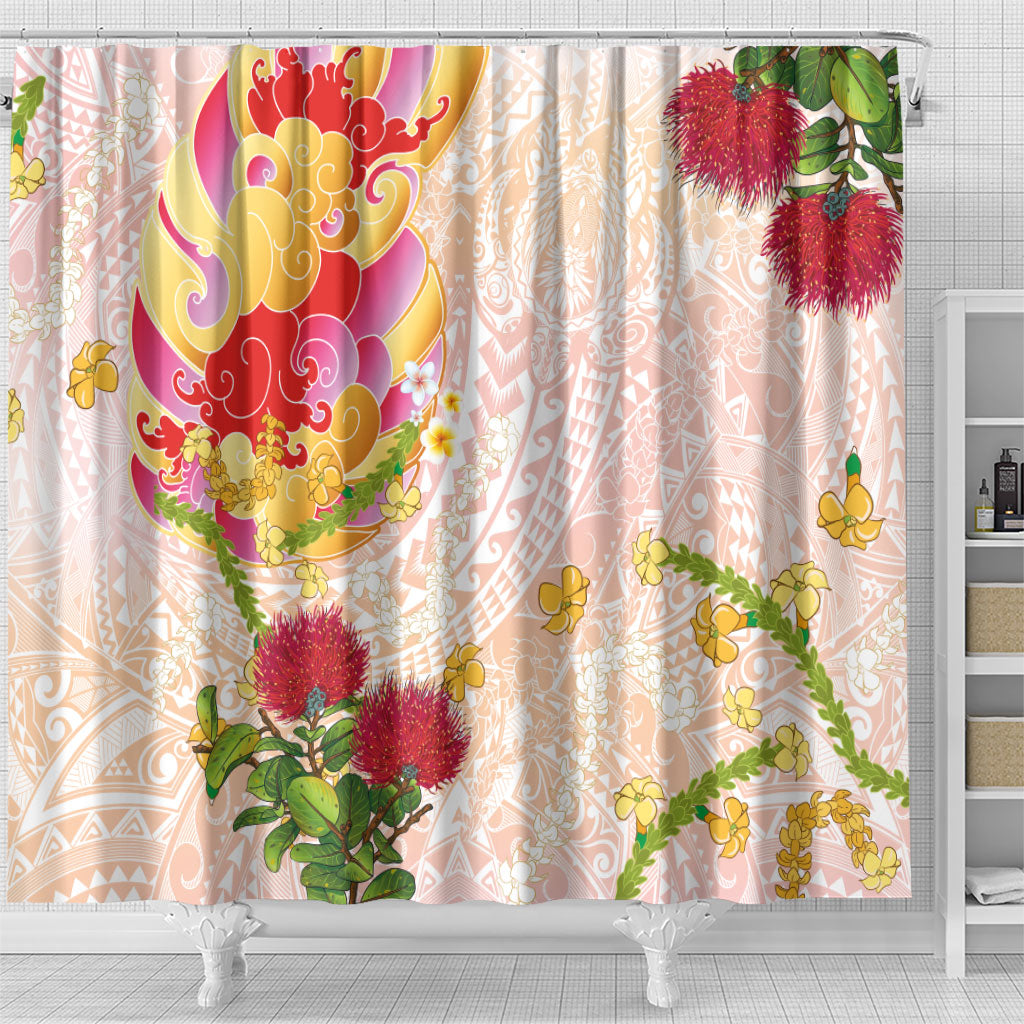 Japanese and Hawaiian Culture Fusion Shower Curtain Irezumi with Turtles and Lei Kakau Pattern Sunset Vibe LT03 - Polynesian Pride