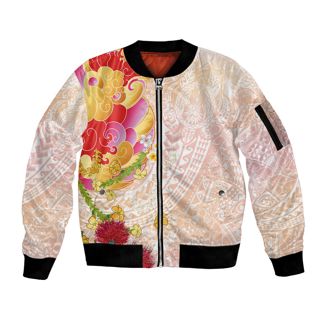 Japanese and Hawaiian Culture Fusion Sleeve Zip Bomber Jacket Irezumi with Turtles and Lei Kakau Pattern Sunset Vibe LT03 Unisex Multicolor - Polynesian Pride