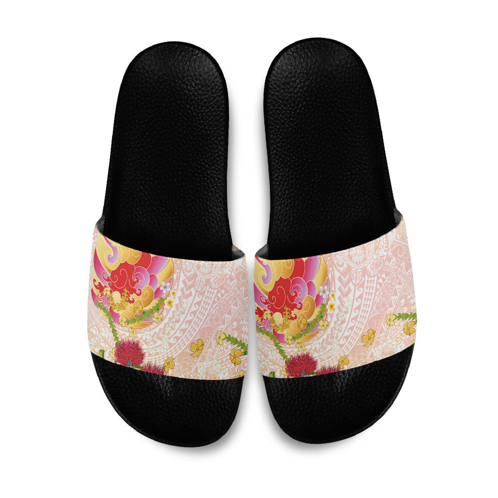 Japanese and Hawaiian Culture Fusion Slide Sandals Irezumi with Turtles and Lei Kakau Pattern Sunset Vibe LT03 Multicolor - Polynesian Pride