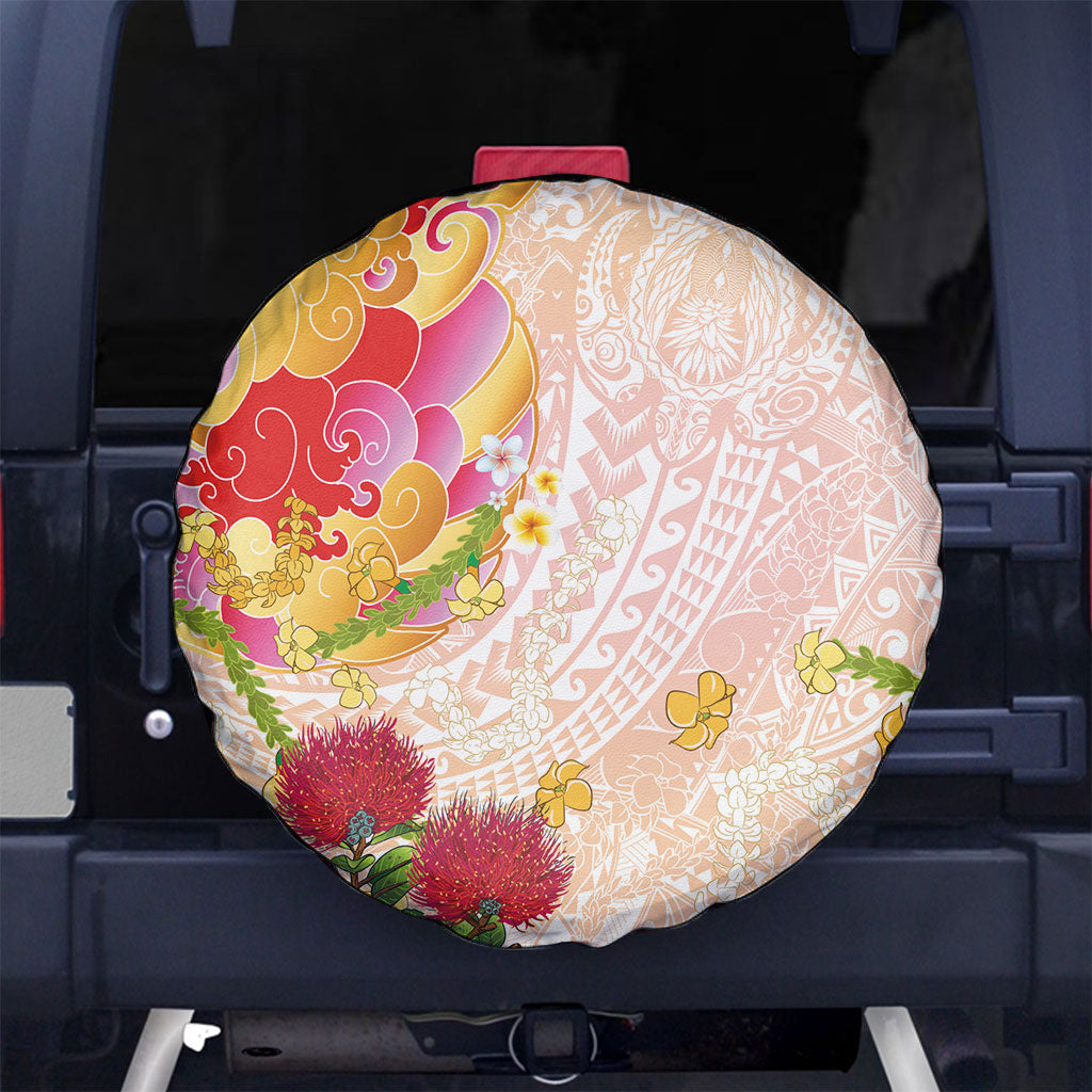 Japanese and Hawaiian Culture Fusion Spare Tire Cover Irezumi with Turtles and Lei Kakau Pattern Sunset Vibe LT03 No hole Multicolor - Polynesian Pride