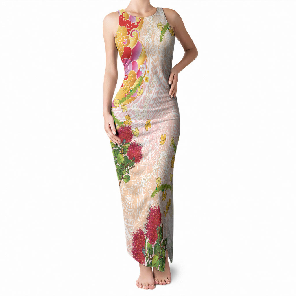 Japanese and Hawaiian Culture Fusion Tank Maxi Dress Irezumi with Turtles and Lei Kakau Pattern Sunset Vibe LT03 Women Multicolor - Polynesian Pride