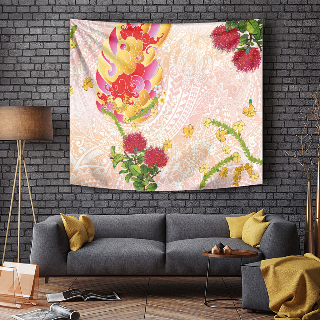 Japanese and Hawaiian Culture Fusion Tapestry Irezumi with Turtles and Lei Kakau Pattern Sunset Vibe LT03 Multicolor - Polynesian Pride