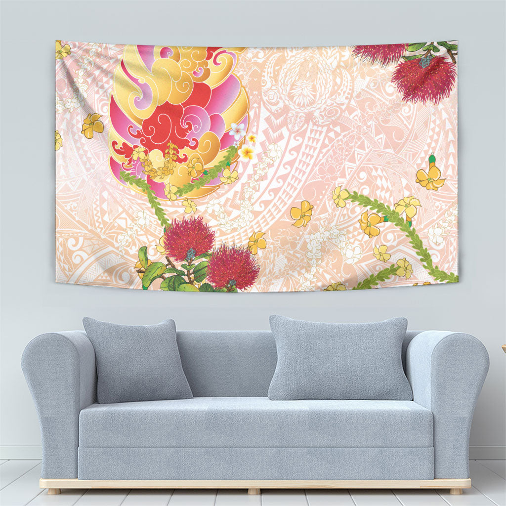 Japanese and Hawaiian Culture Fusion Tapestry Irezumi with Turtles and Lei Kakau Pattern Sunset Vibe LT03 - Polynesian Pride