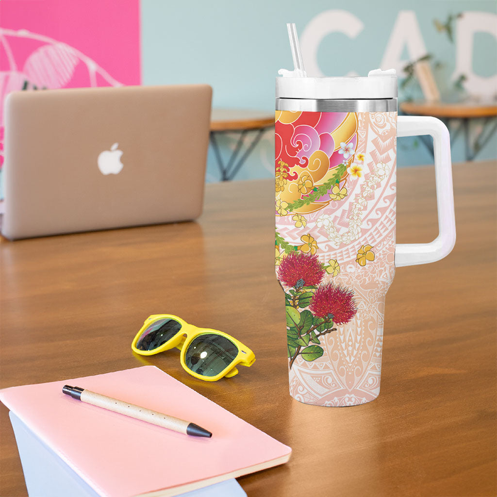 Japanese and Hawaiian Culture Fusion Tumbler With Handle Irezumi with Turtles and Lei Kakau Pattern Sunset Vibe LT03 - Polynesian Pride