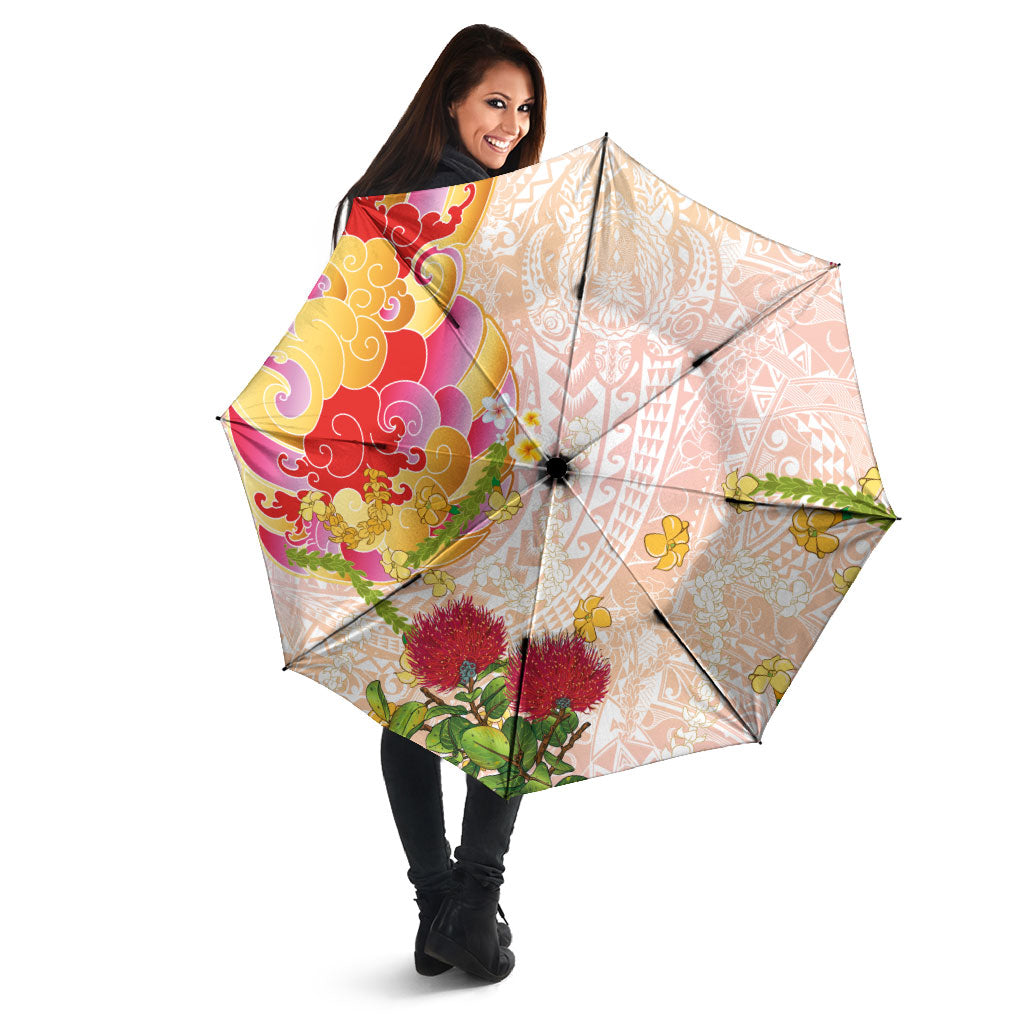 Japanese and Hawaiian Culture Fusion Umbrella Irezumi with Turtles and Lei Kakau Pattern Sunset Vibe LT03 - Polynesian Pride