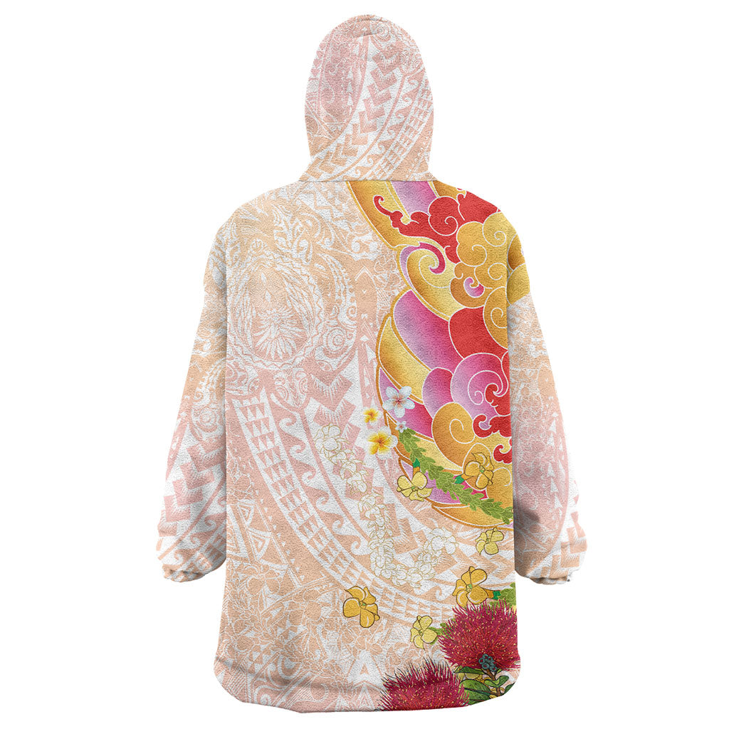 Japanese and Hawaiian Culture Fusion Wearable Blanket Hoodie Irezumi with Turtles and Lei Kakau Pattern Sunset Vibe LT03 - Polynesian Pride