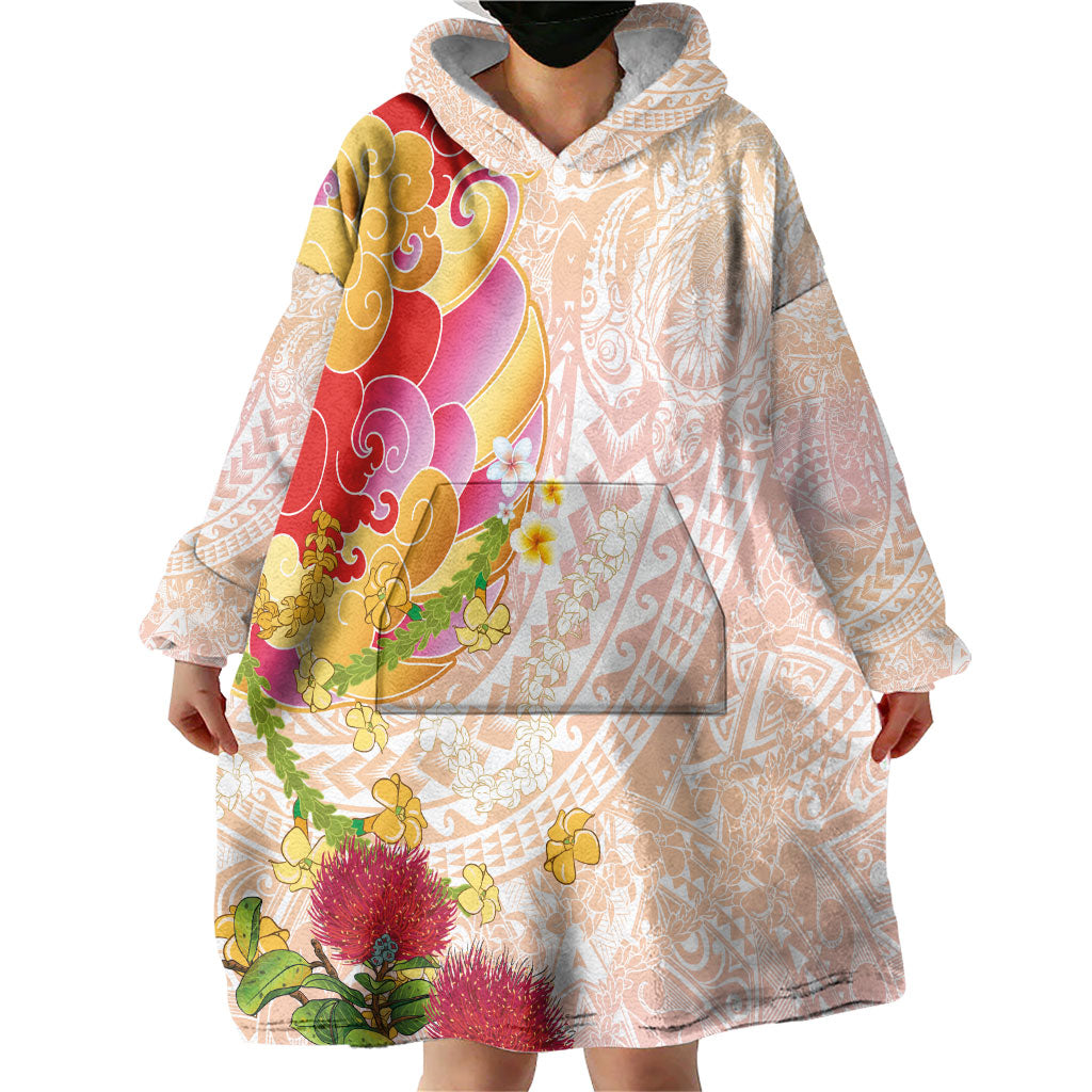 Japanese and Hawaiian Culture Fusion Wearable Blanket Hoodie Irezumi with Turtles and Lei Kakau Pattern Sunset Vibe LT03 - Polynesian Pride