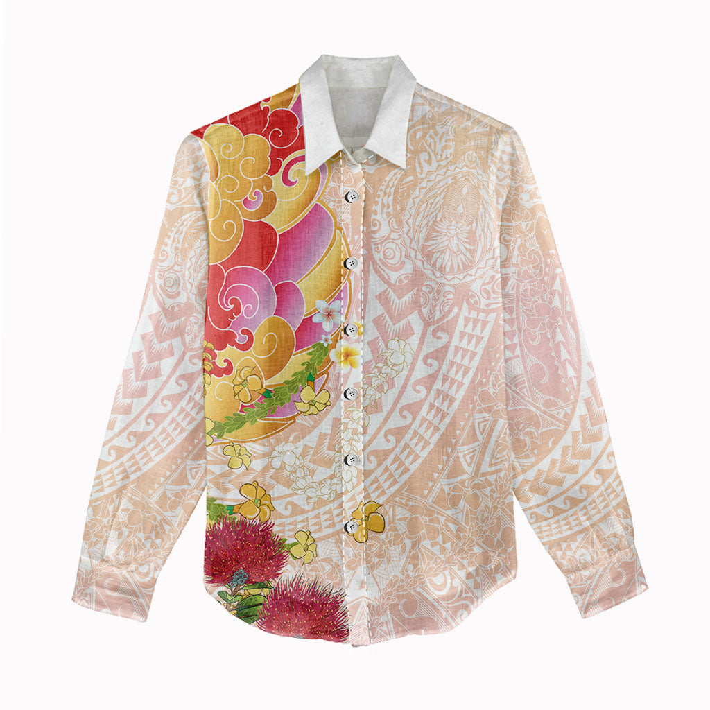Japanese and Hawaiian Culture Fusion Women Casual Shirt Irezumi with Turtles and Lei Kakau Pattern Sunset Vibe LT03 - Polynesian Pride