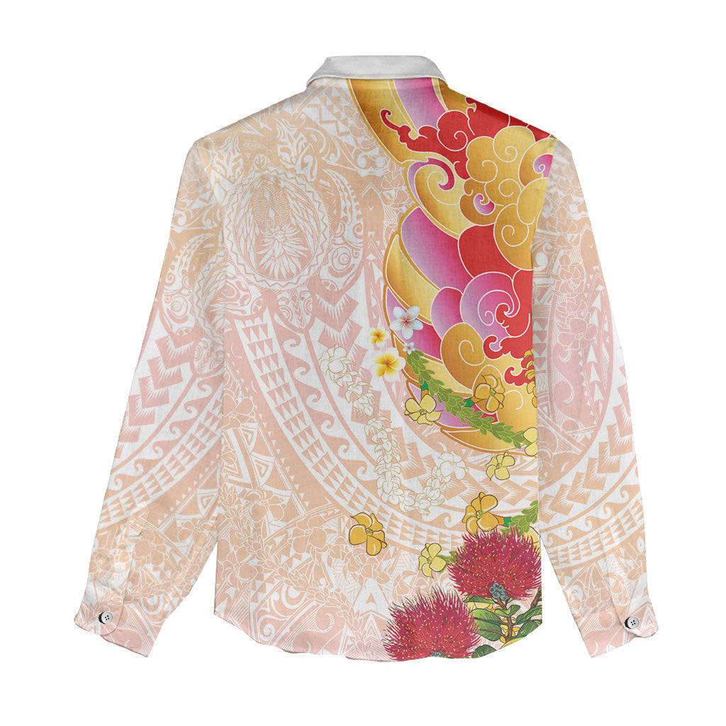 Japanese and Hawaiian Culture Fusion Women Casual Shirt Irezumi with Turtles and Lei Kakau Pattern Sunset Vibe LT03 - Polynesian Pride