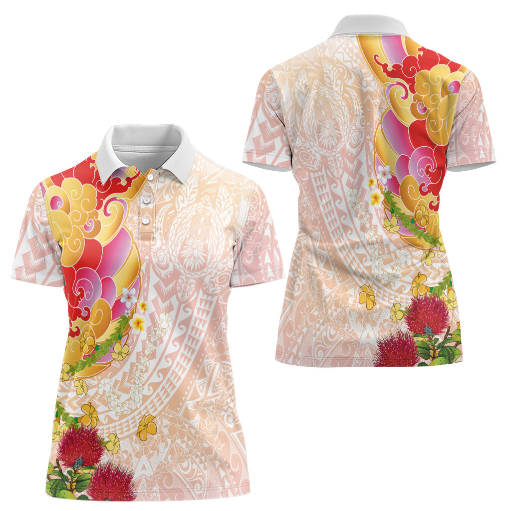 Japanese and Hawaiian Culture Fusion Women Polo Shirt Irezumi with Turtles and Lei Kakau Pattern Sunset Vibe LT03 - Polynesian Pride