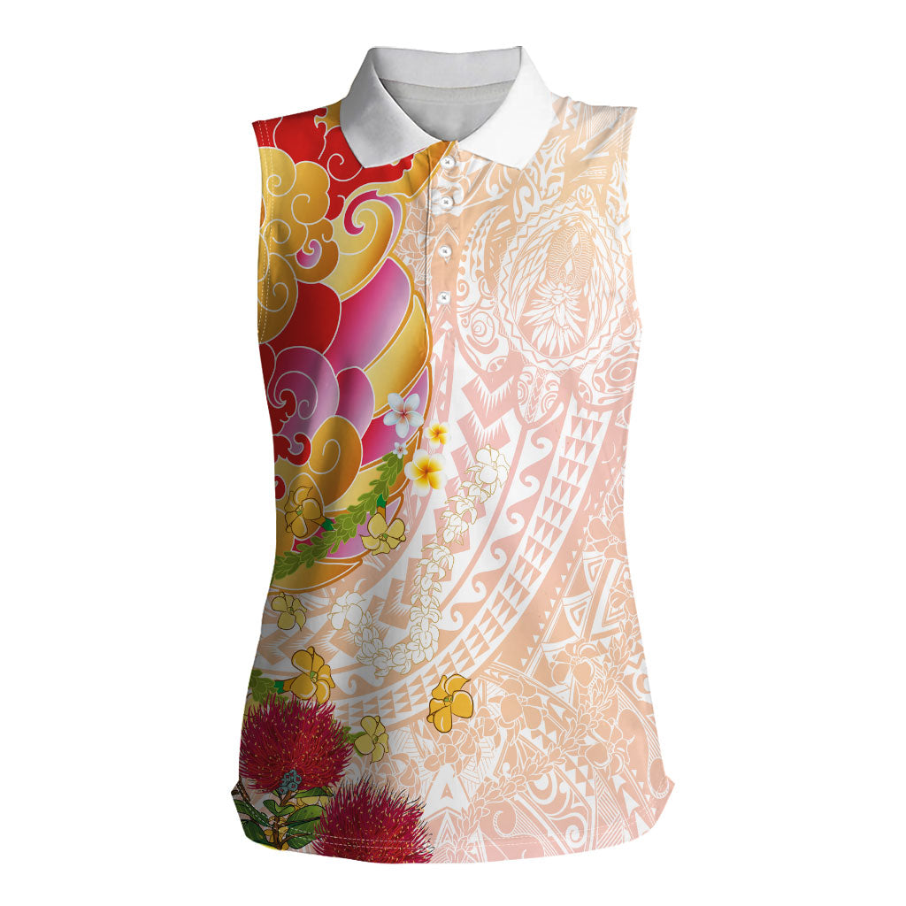 Japanese and Hawaiian Culture Fusion Women Sleeveless Polo Shirt Irezumi with Turtles and Lei Kakau Pattern Sunset Vibe LT03 Female Multicolor - Polynesian Pride