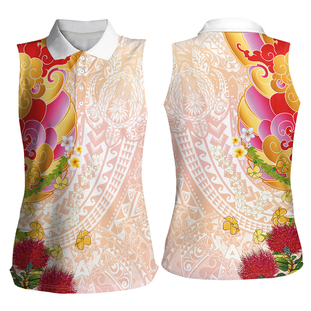 Japanese and Hawaiian Culture Fusion Women Sleeveless Polo Shirt Irezumi with Turtles and Lei Kakau Pattern Sunset Vibe LT03 - Polynesian Pride