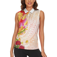 Japanese and Hawaiian Culture Fusion Women Sleeveless Polo Shirt Irezumi with Turtles and Lei Kakau Pattern Sunset Vibe LT03 - Polynesian Pride