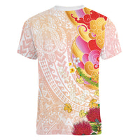 Japanese and Hawaiian Culture Fusion Women V-Neck T-Shirt Irezumi with Turtles and Lei Kakau Pattern Sunset Vibe LT03 - Polynesian Pride