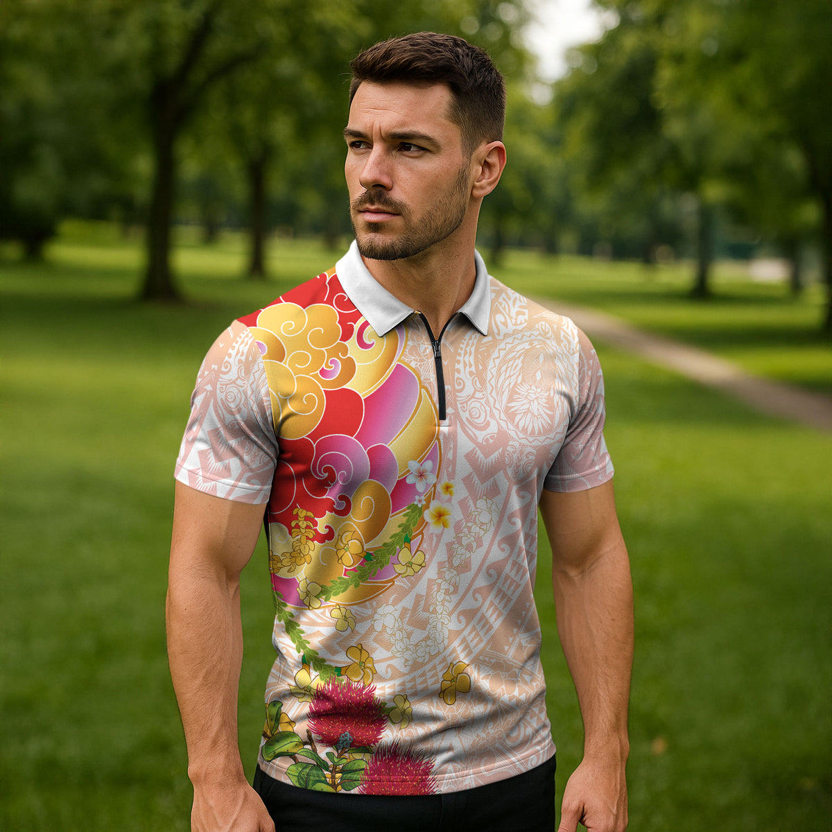 Japanese and Hawaiian Culture Fusion Zipper Polo Shirt Irezumi with Turtles and Lei Kakau Pattern Sunset Vibe LT03 - Polynesian Pride