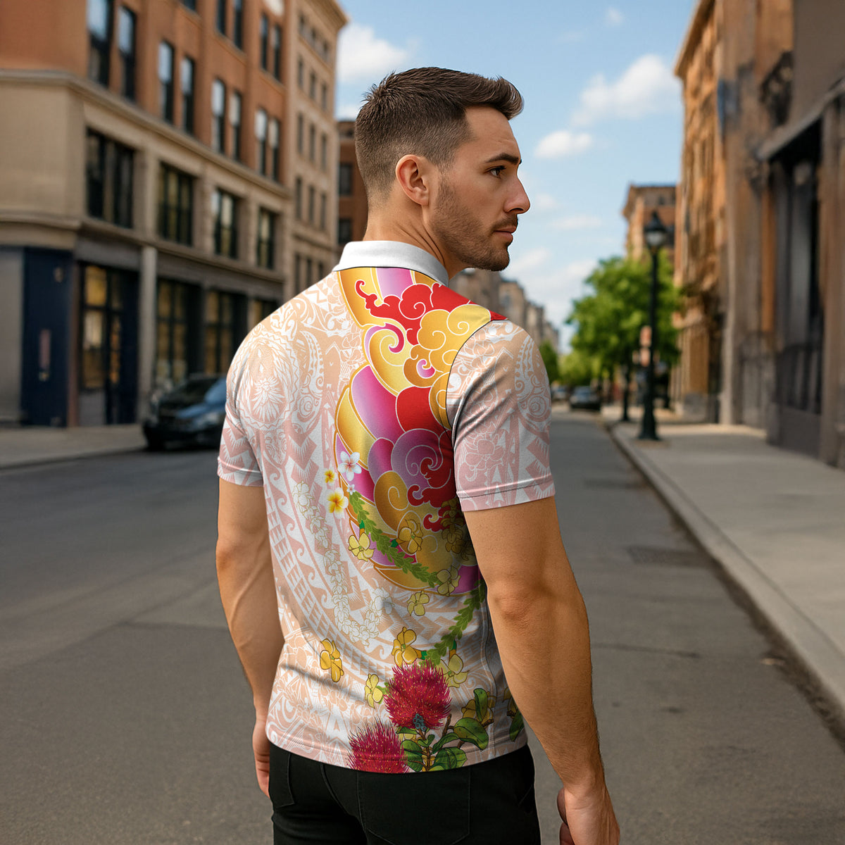Japanese and Hawaiian Culture Fusion Zipper Polo Shirt Irezumi with Turtles and Lei Kakau Pattern Sunset Vibe LT03 - Polynesian Pride