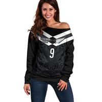 Aotearoa Rugby Custom Off Shoulder Sweater Maori Tribal Motifs Stripes-Sporty Style LT03 Women Black - Polynesian Pride