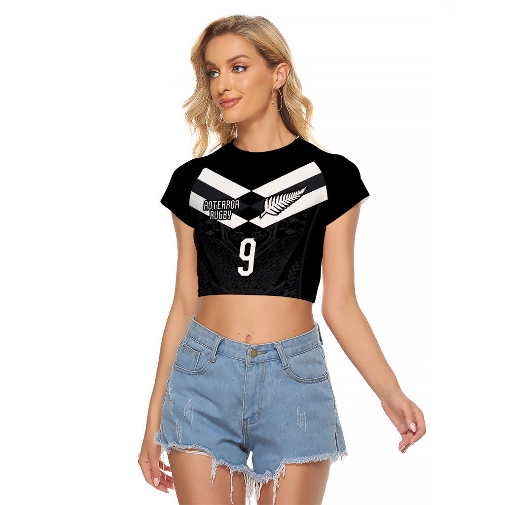 Aotearoa Rugby Custom Raglan Cropped T Shirt Maori Tribal Motifs Stripes-Sporty Style LT03 Female Black - Polynesian Pride
