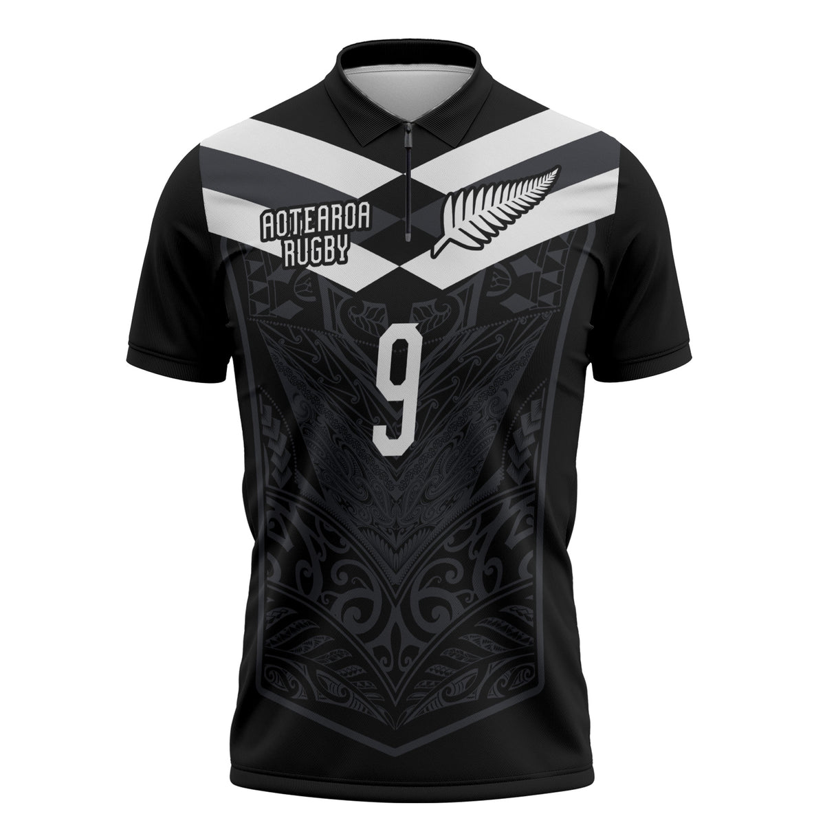 Aotearoa Rugby Custom Zipper Polo Shirt Maori Tribal Motifs Stripes-Sporty Style LT03 Black - Polynesian Pride